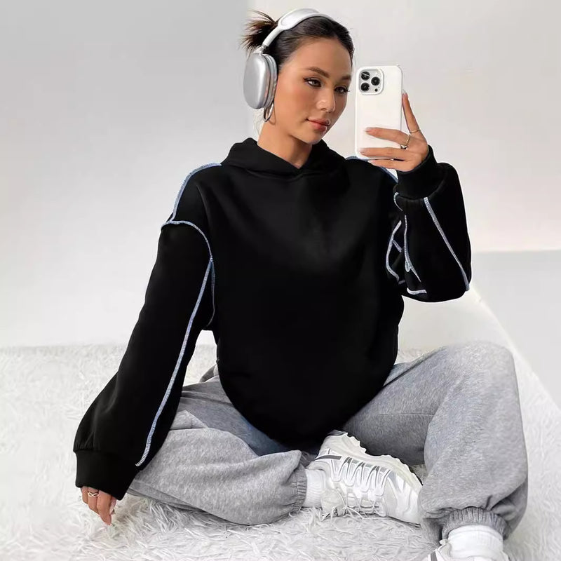 Dam Höst Hoodie-Tröja med Patchworkdesign och Långa Ärmar