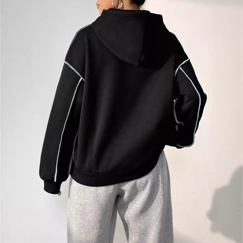 Dam Höst Hoodie-Tröja med Patchworkdesign och Långa Ärmar
