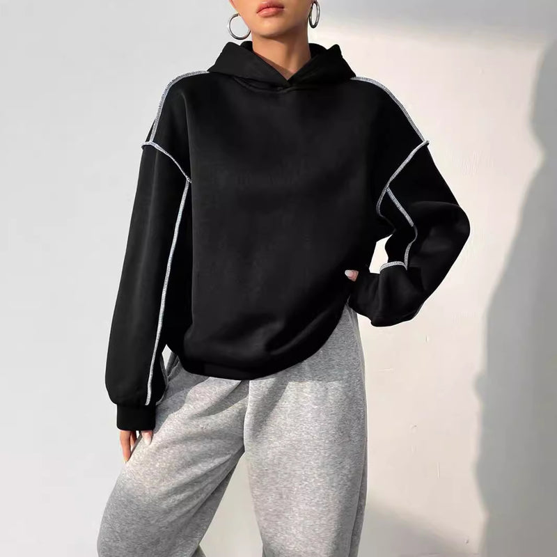 Dam Höst Hoodie-Tröja med Patchworkdesign och Långa Ärmar