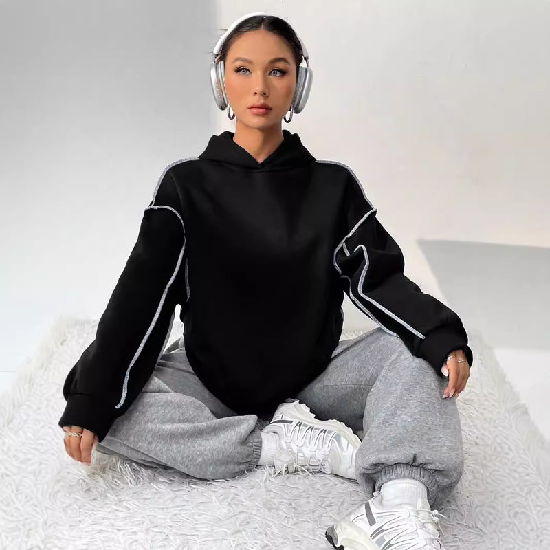 Dam Höst Hoodie-Tröja med Patchworkdesign och Långa Ärmar