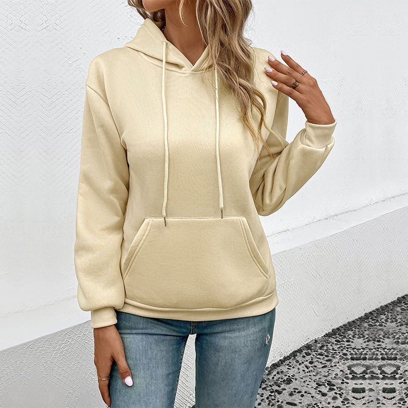 Dam Hoodie Pullover Sweatshirt med Framficka och Avslappnad Passform