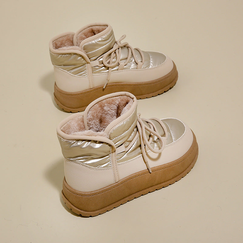 Kvinnors Vinterstövlar Snö High-Top Snörning Fleecefoder Rund Tå och Gummisula