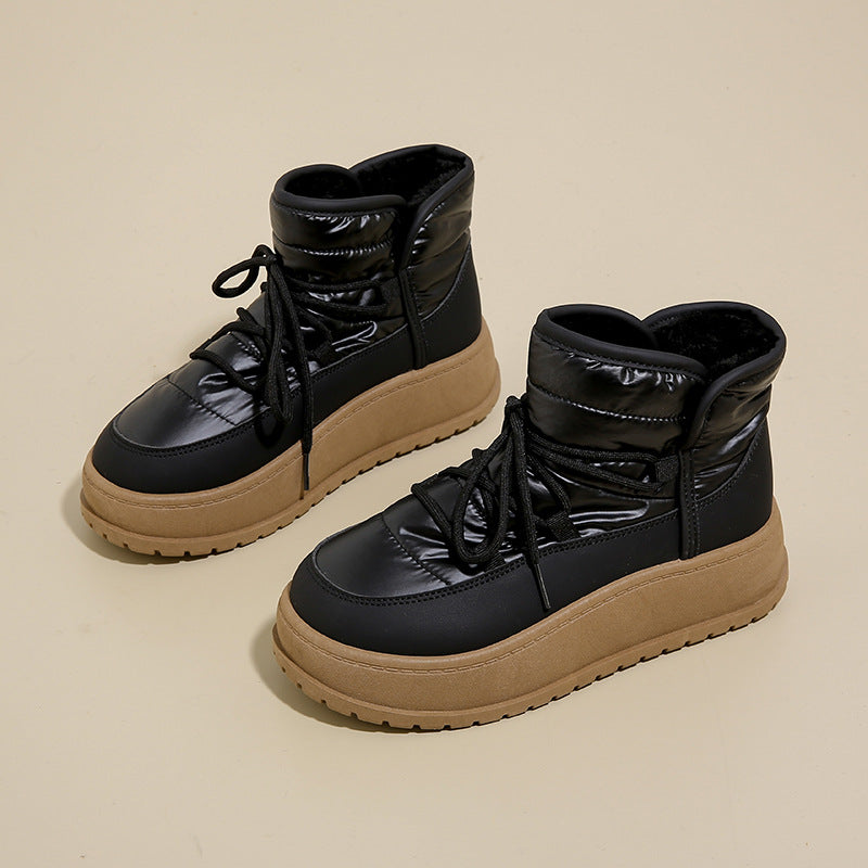 Kvinnors Vinterstövlar Snö High-Top Snörning Fleecefoder Rund Tå och Gummisula