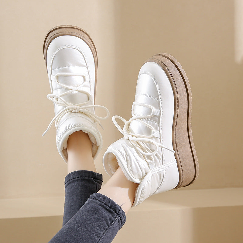 Kvinnors Vinterstövlar Snö High-Top Snörning Fleecefoder Rund Tå och Gummisula