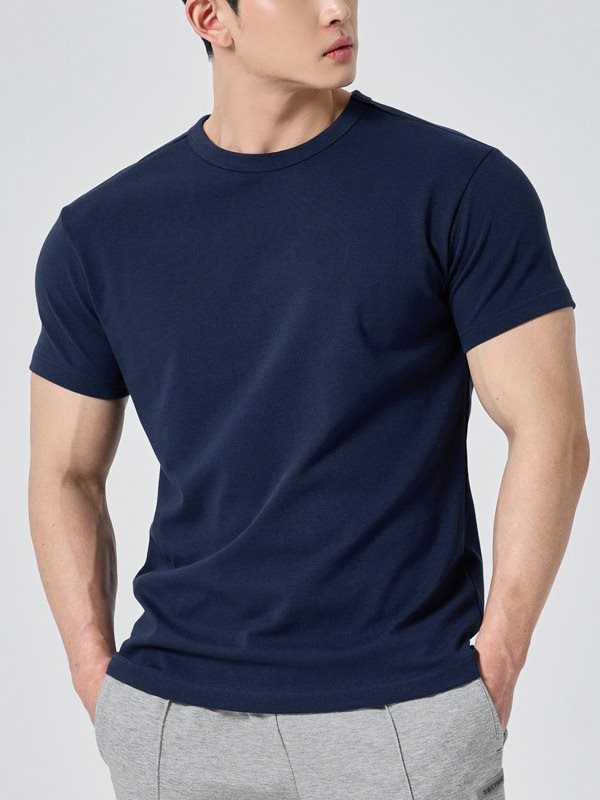 Herr T-shirt Kort Ärm Rund Hals Enfärgad Atletisk Passform