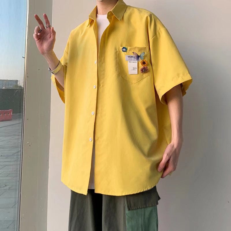 Herrskjorta Cardiganmodell Slim Fit Halvlång Ärmsolid Färg Frontöppen Design