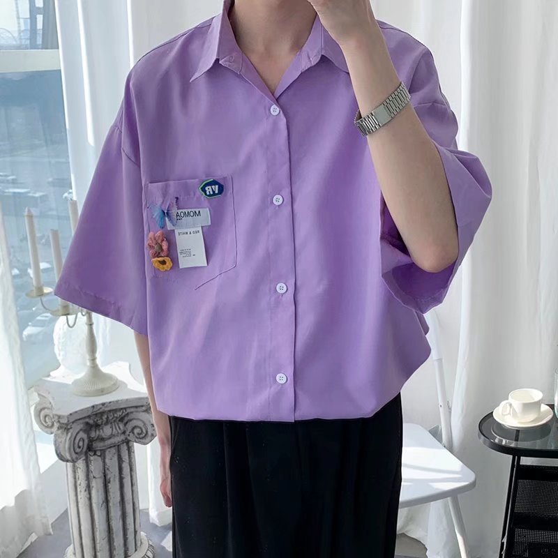 Herrskjorta Cardiganmodell Slim Fit Halvlång Ärmsolid Färg Frontöppen Design