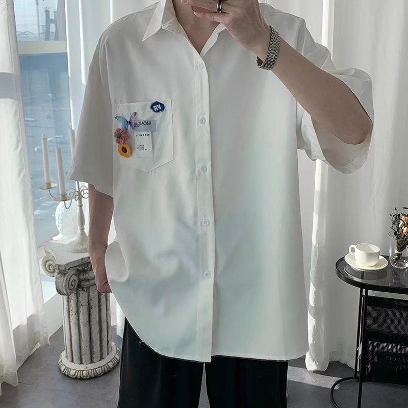 Herrskjorta Cardiganmodell Slim Fit Halvlång Ärmsolid Färg Frontöppen Design