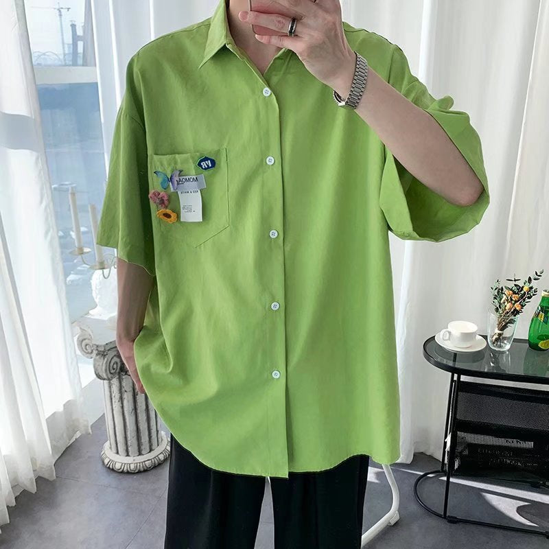 Herrskjorta Cardiganmodell Slim Fit Halvlång Ärmsolid Färg Frontöppen Design