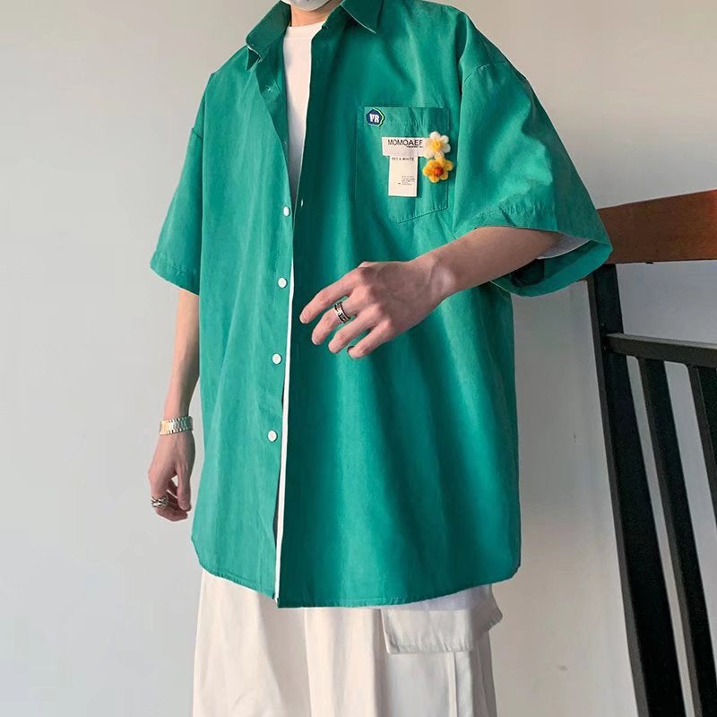 Herrskjorta Cardiganmodell Slim Fit Halvlång Ärmsolid Färg Frontöppen Design