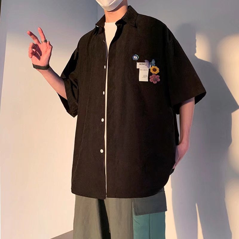 Herrskjorta Cardiganmodell Slim Fit Halvlång Ärmsolid Färg Frontöppen Design