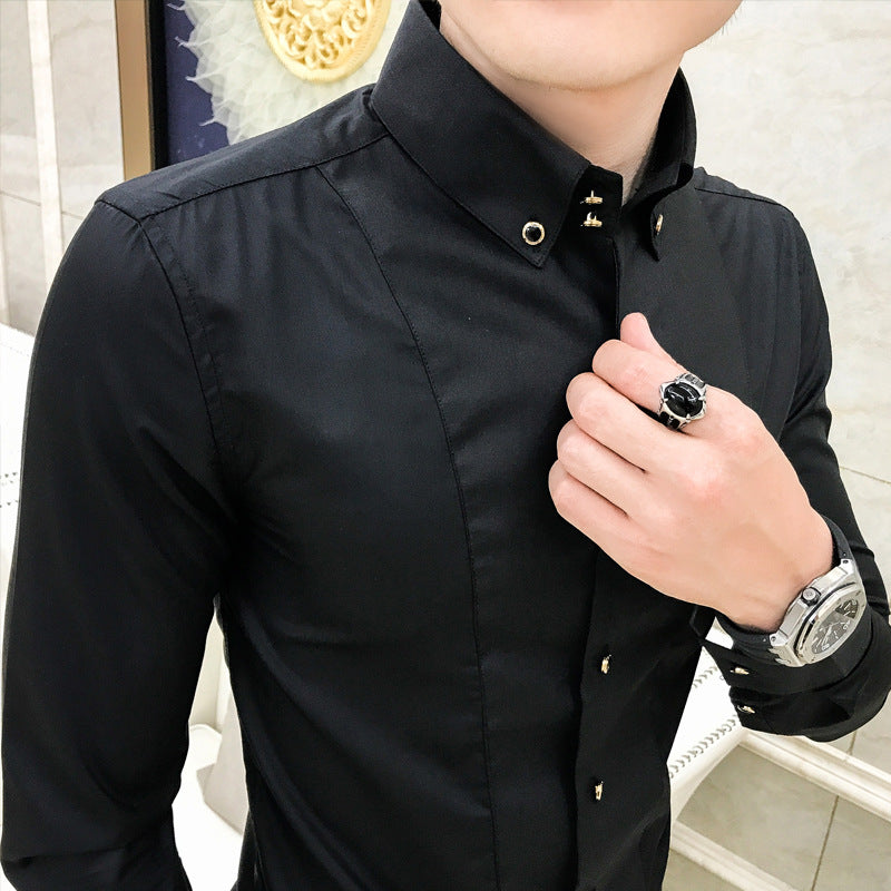 Herrlångärmad Skjorta Med Knappar, Slim Fit, Strykfri, Enfärgad