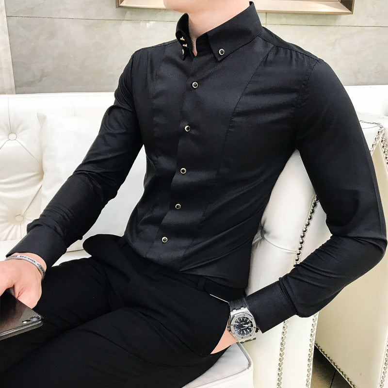 Herrlångärmad Skjorta Med Knappar, Slim Fit, Strykfri, Enfärgad