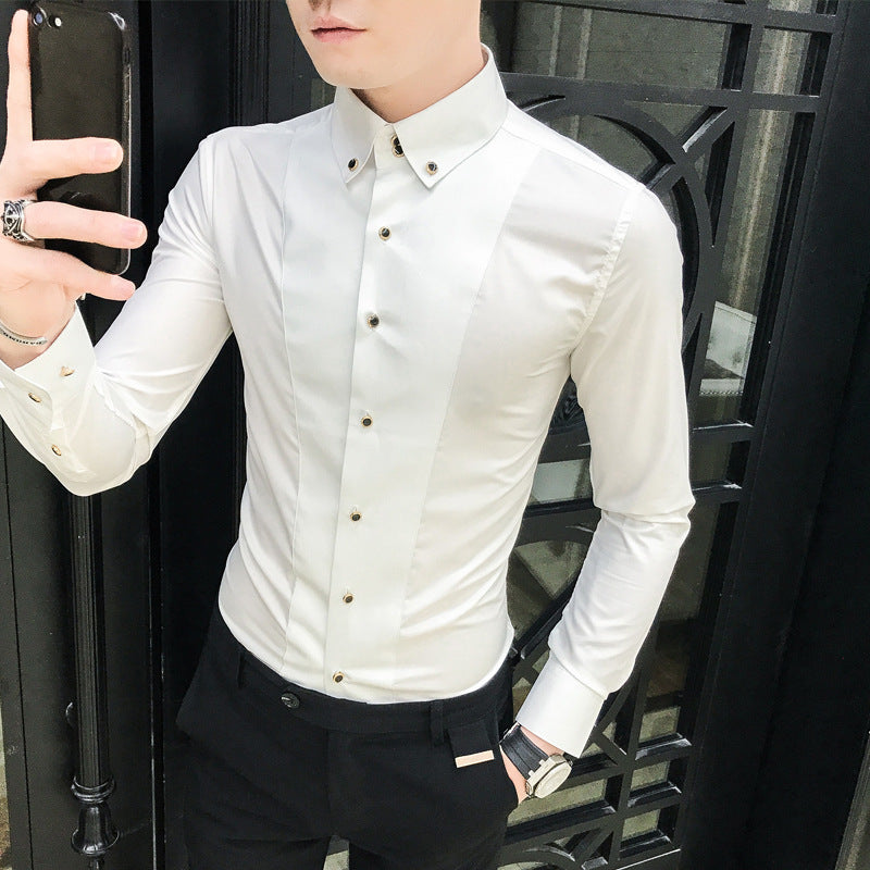 Herrlångärmad Skjorta Med Knappar, Slim Fit, Strykfri, Enfärgad
