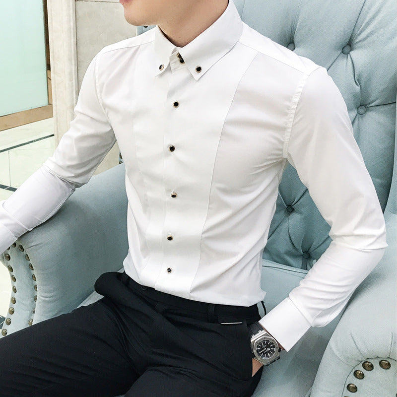 Herrlångärmad Skjorta Med Knappar, Slim Fit, Strykfri, Enfärgad