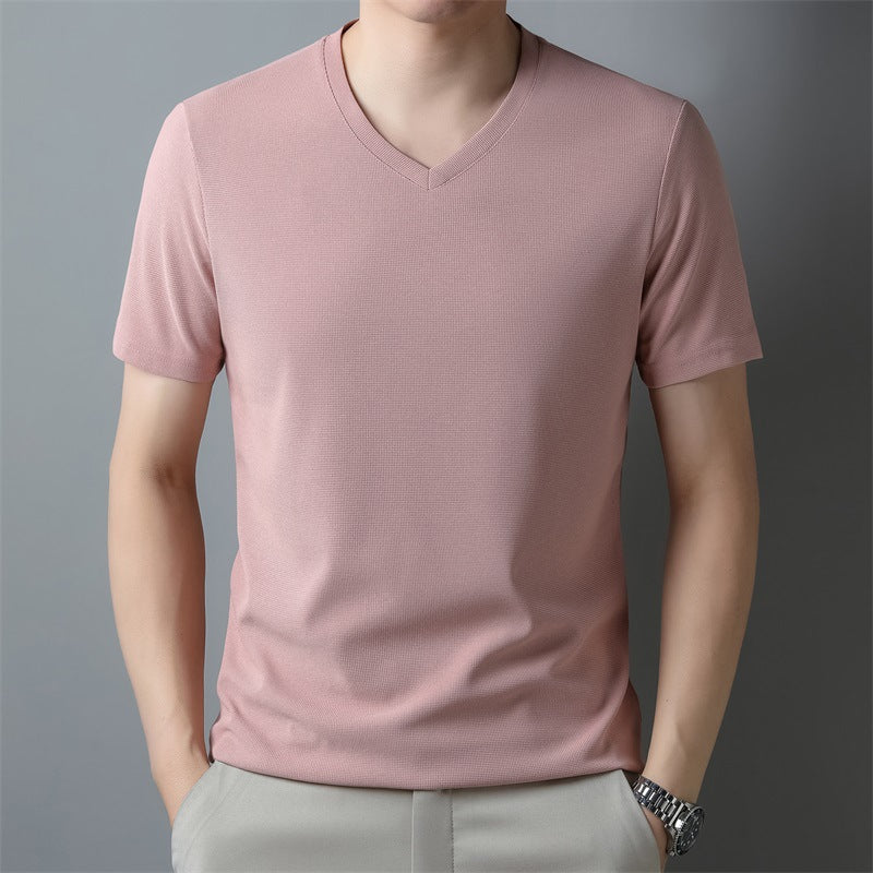 Herr sommar-T-shirt med V-ringning och kort ärm i lätt tyg