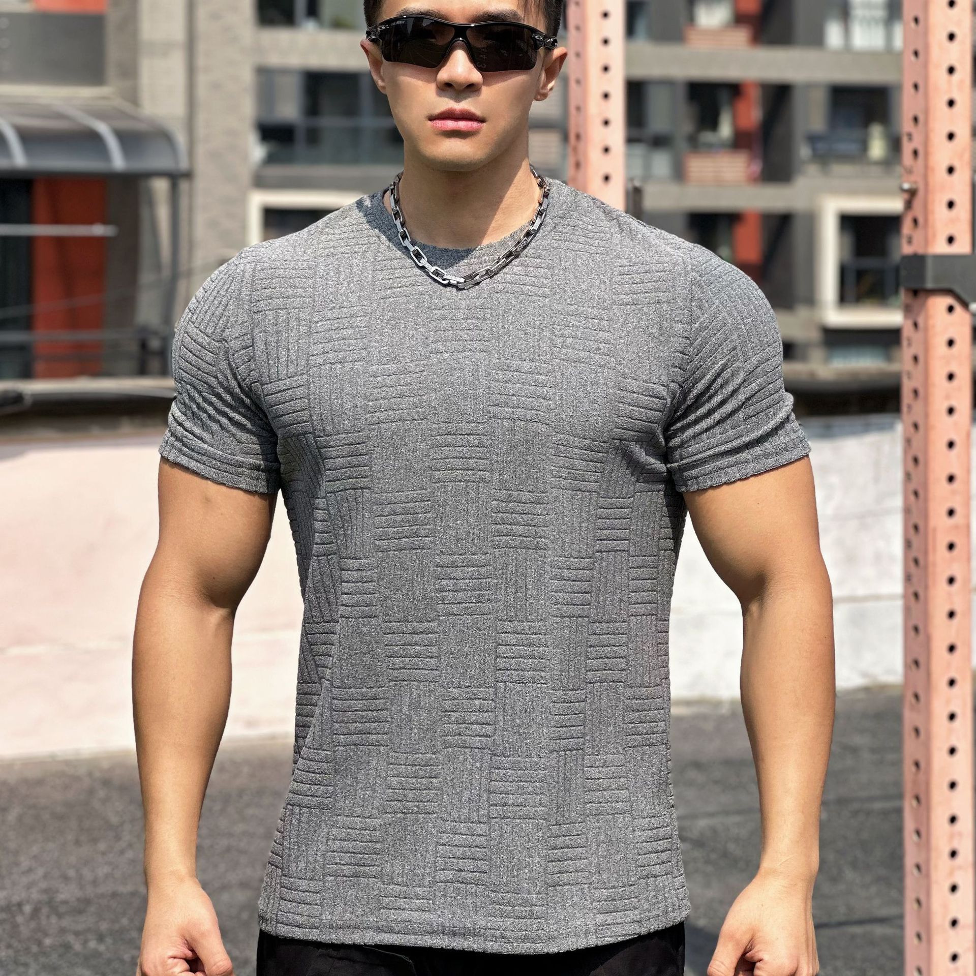 Herrkortärmad Fitness-T-Shirt Med Halvtät Passform För Träning