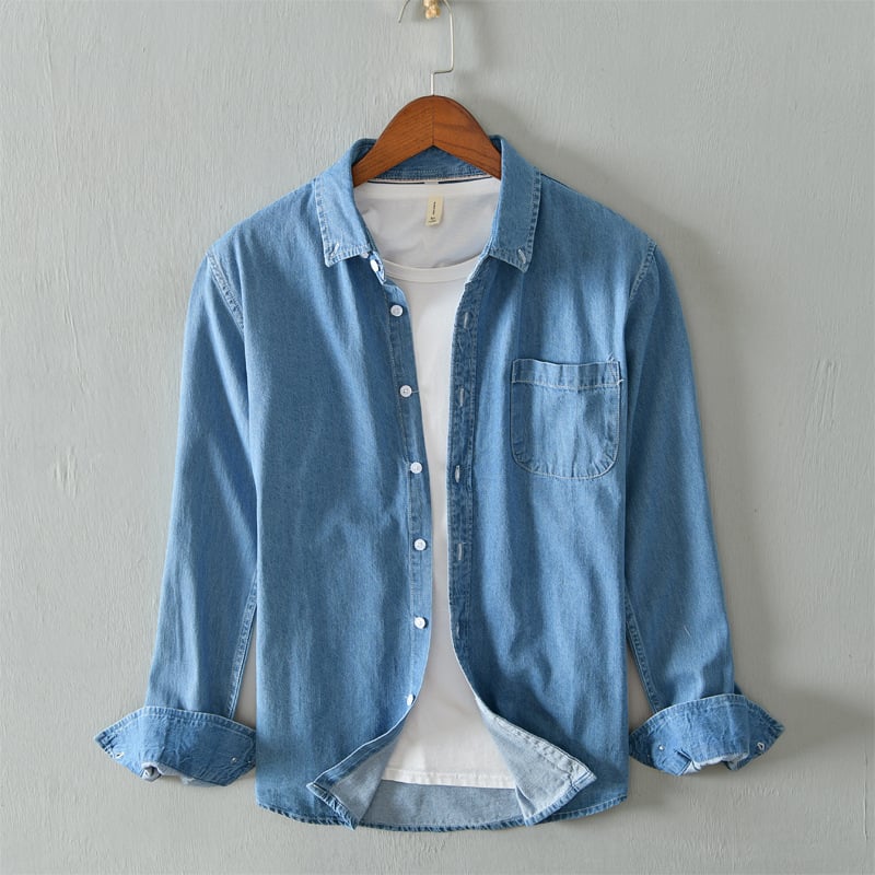 Herrvårskjortjacka Långärmad Denim Style Cardigan med Fyrkantig Krage