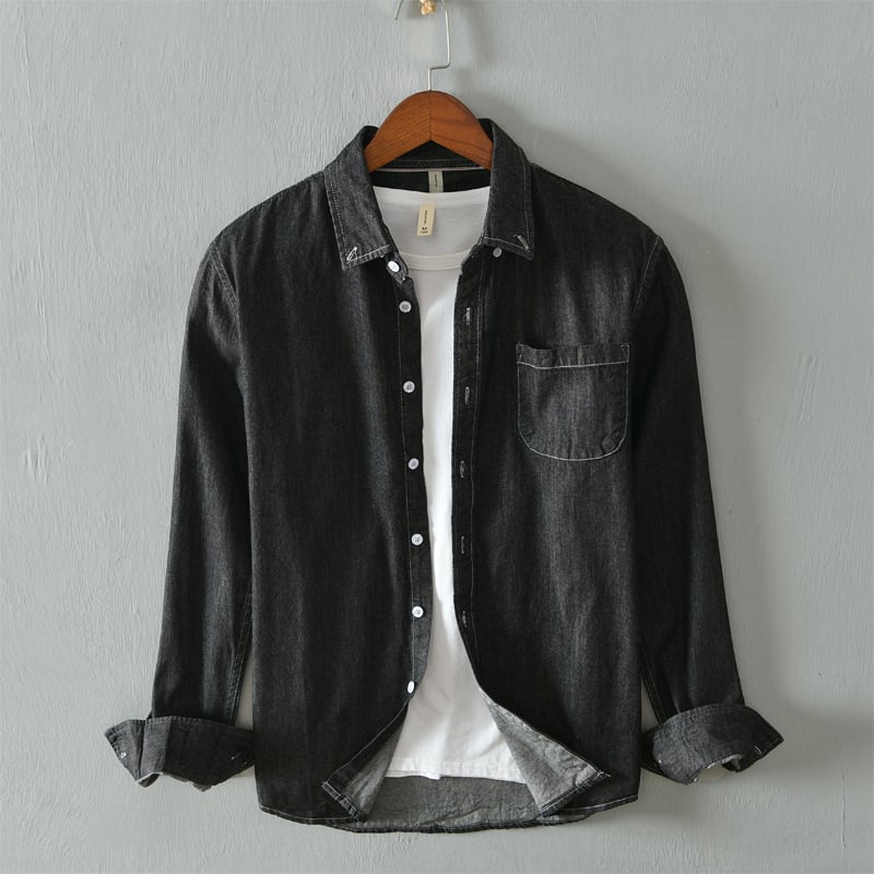 Herrvårskjortjacka Långärmad Denim Style Cardigan med Fyrkantig Krage