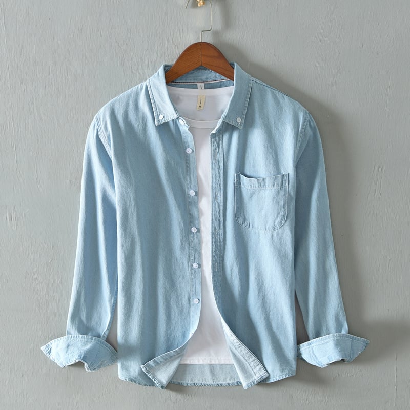 Herrvårskjortjacka Långärmad Denim Style Cardigan med Fyrkantig Krage