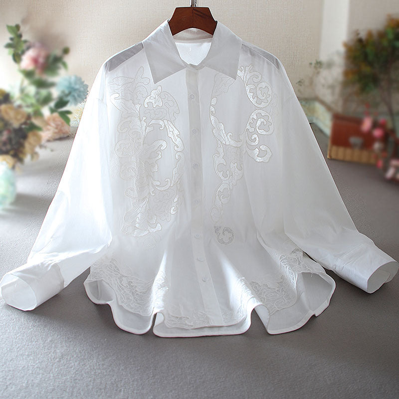Damtröja med Lång Ärm, Oversized, Hålad Mesh och Broderi