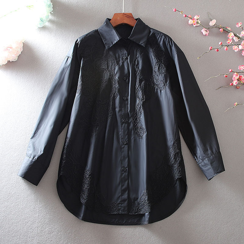 Damtröja med Lång Ärm, Oversized, Hålad Mesh och Broderi