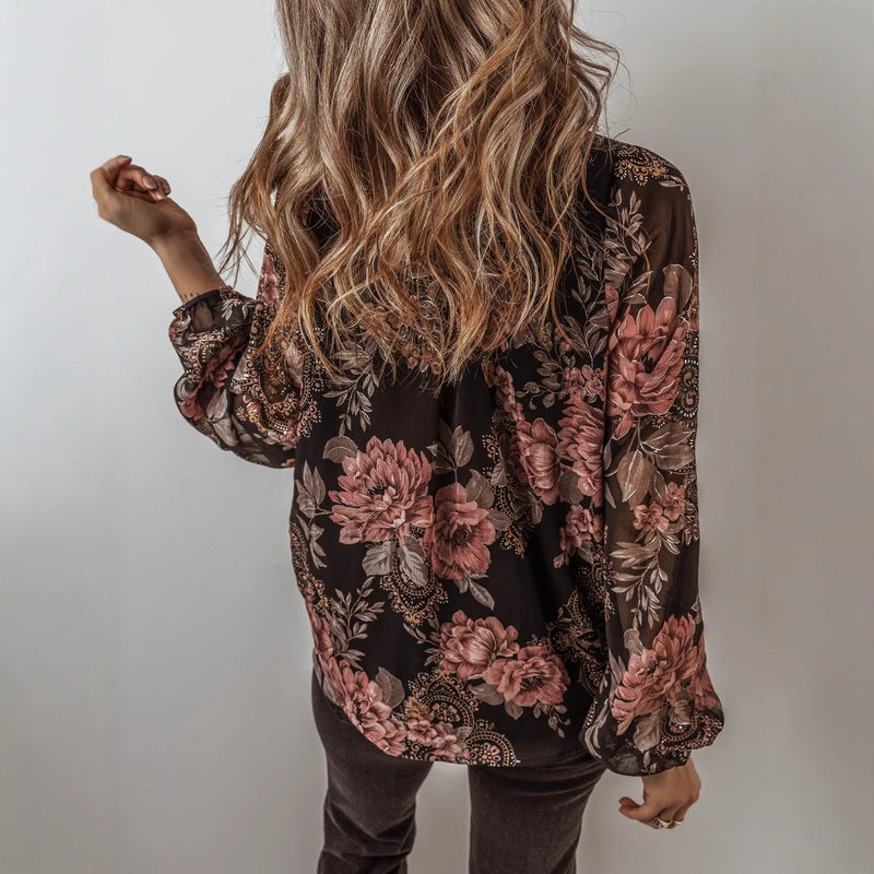 Vårskjorta I Chiffong Med V-Ringning Och Långärmad Blommig Pullover För Kvinnor