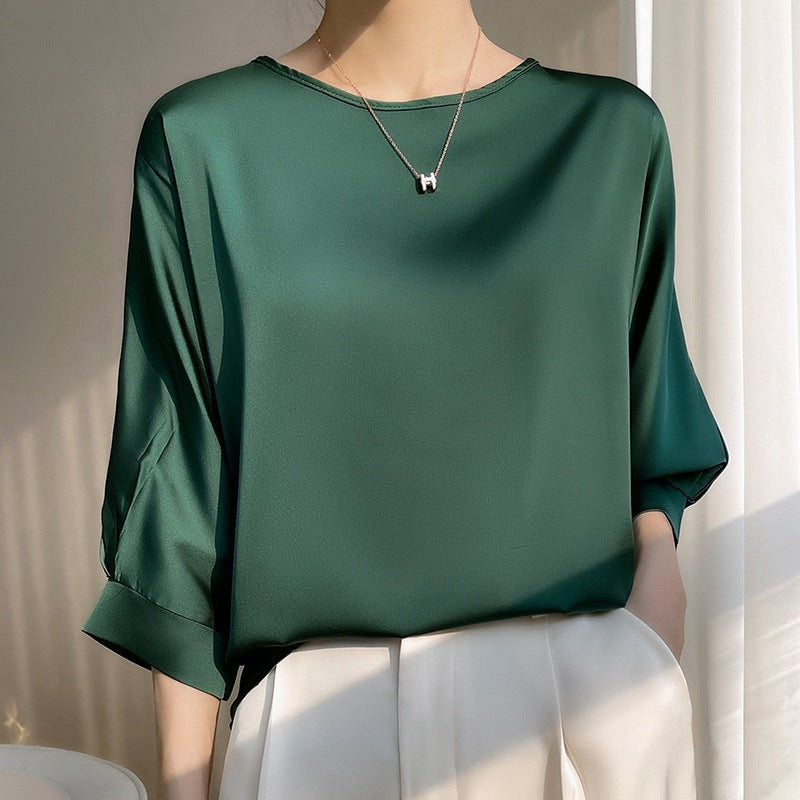 Sommar-T-Shirt För Kvinnor, Lös Passform, Rund Hals, 3/4-äRmar, Beskuren Satin, Issidensmodell