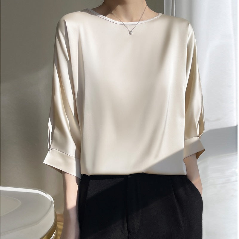 Sommar-T-Shirt För Kvinnor, Lös Passform, Rund Hals, 3/4-äRmar, Beskuren Satin, Issidensmodell
