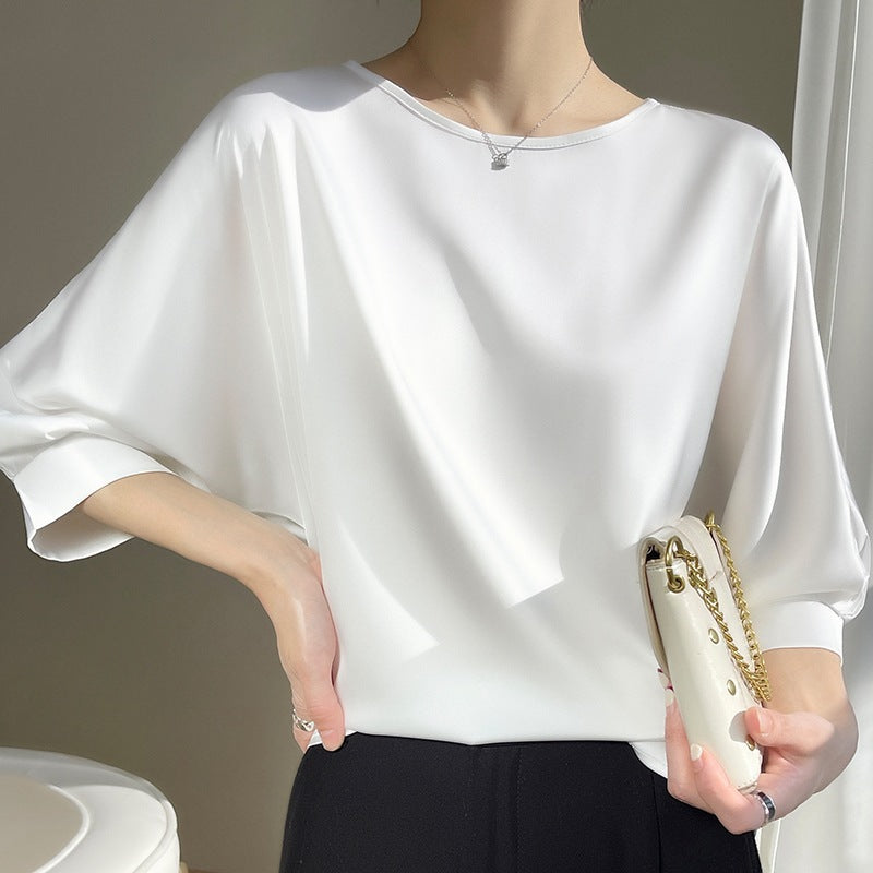 Sommar-T-Shirt För Kvinnor, Lös Passform, Rund Hals, 3/4-äRmar, Beskuren Satin, Issidensmodell
