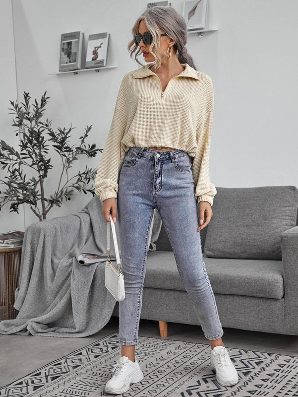 Dam Vårpoloskjorta Stickad Slim Fit Dragkedja Fram Dragsko Randig