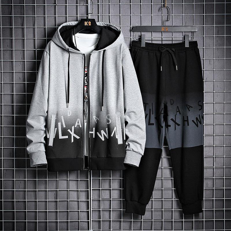 Herr Vår Träningsdräkt med Huva i Gradient Zip-Up Jacka och Byxor med Elastisk Midja