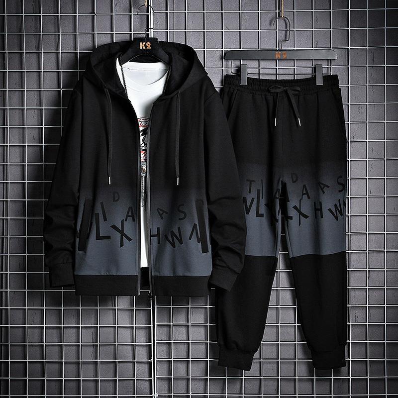 Herr Vår Träningsdräkt med Huva i Gradient Zip-Up Jacka och Byxor med Elastisk Midja