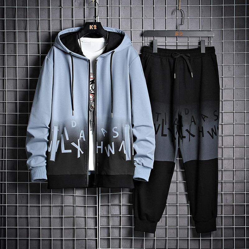 Herr Vår Träningsdräkt med Huva i Gradient Zip-Up Jacka och Byxor med Elastisk Midja