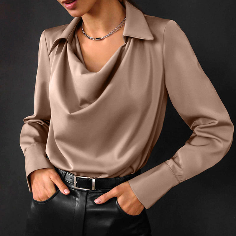 Damlångärmad Skjorta Med Oregelbunden Draperad Krage, Enfärgad Polyester