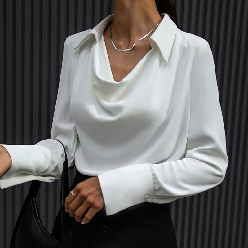 Damlångärmad Skjorta Med Oregelbunden Draperad Krage, Enfärgad Polyester