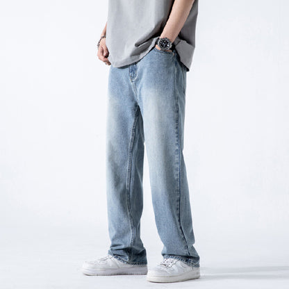 Herrjeans Med Vida Ben, Lös Rak Passform Och Tvättad Finish