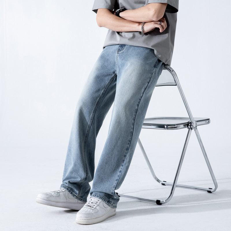 Herrjeans Med Vida Ben, Lös Rak Passform Och Tvättad Finish