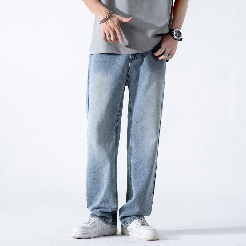 Herrjeans Med Vida Ben, Lös Rak Passform Och Tvättad Finish
