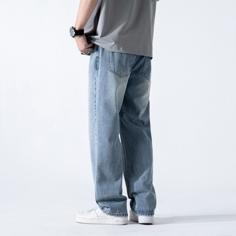 Herrjeans Med Vida Ben, Lös Rak Passform Och Tvättad Finish