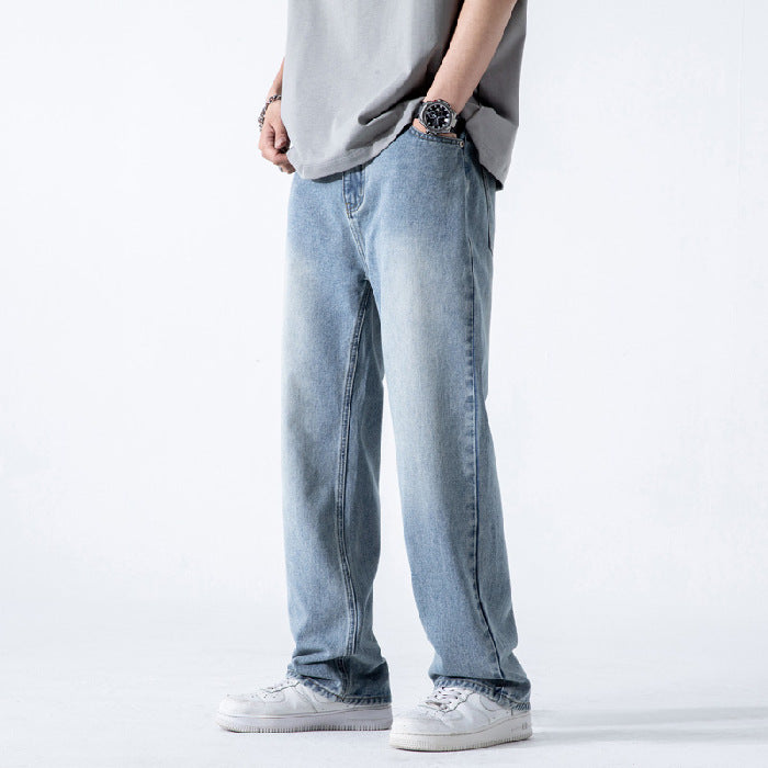 Herrjeans Med Vida Ben, Lös Rak Passform Och Tvättad Finish