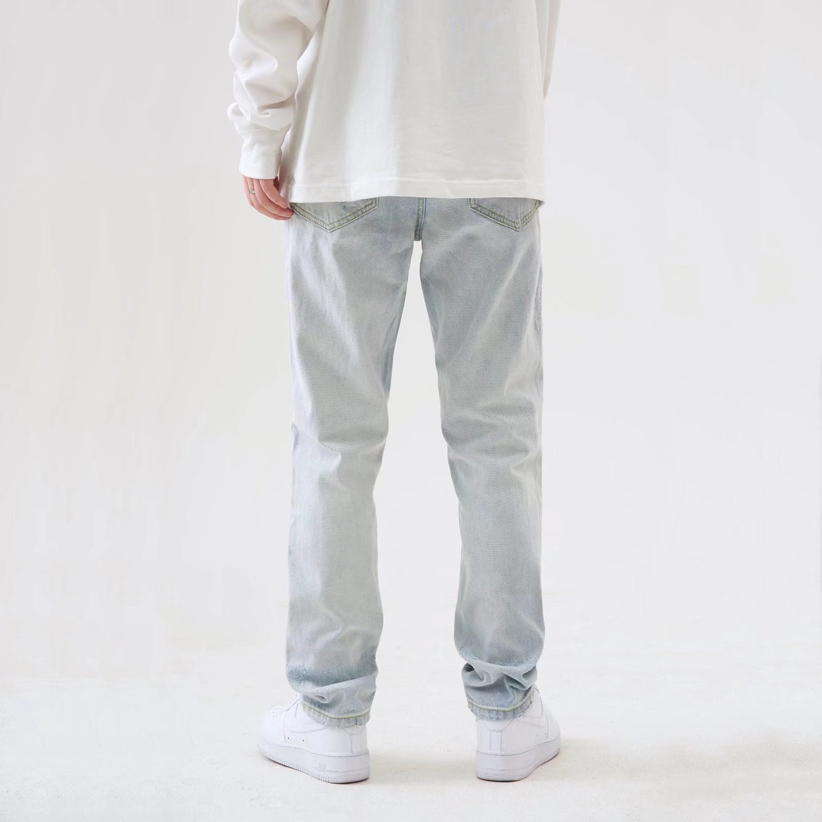 Herr Vår- Och Sommar Raka, Rivna Ljusblå Jeans Med Tvättad Finish