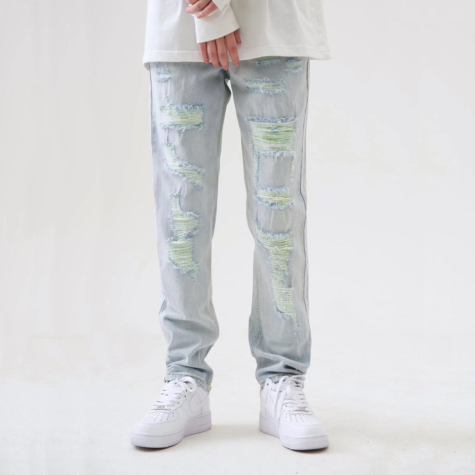 Herr Vår- Och Sommar Raka, Rivna Ljusblå Jeans Med Tvättad Finish