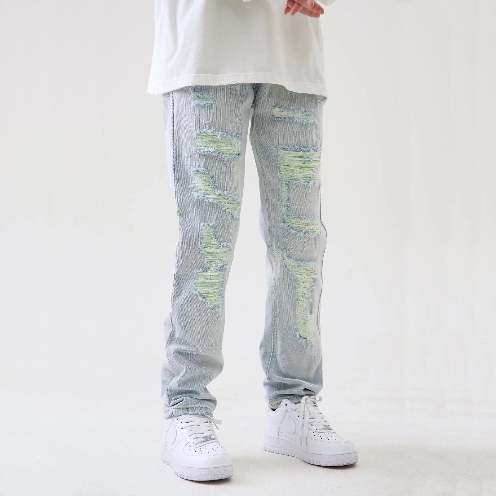 Herr Vår- Och Sommar Raka, Rivna Ljusblå Jeans Med Tvättad Finish