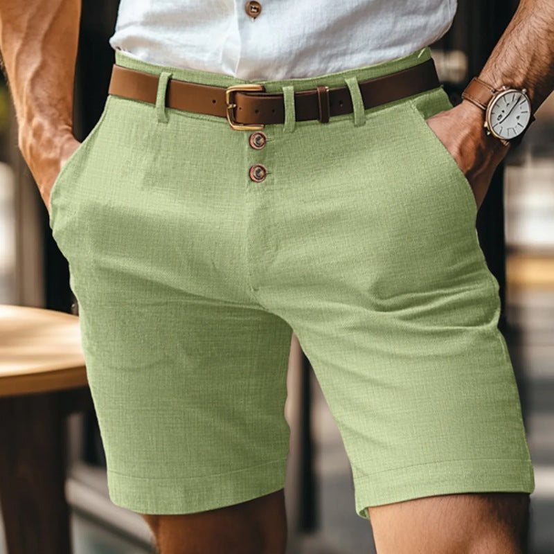 Herrs Sommarshorts Med Knappar, Mellanlånga, Rakt Skurna Och Ventilerande Tyg