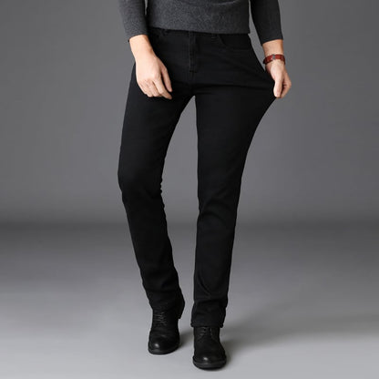 Herr Jeans Slim Passform Raka Ben Midja med Dragkedja Tvättad