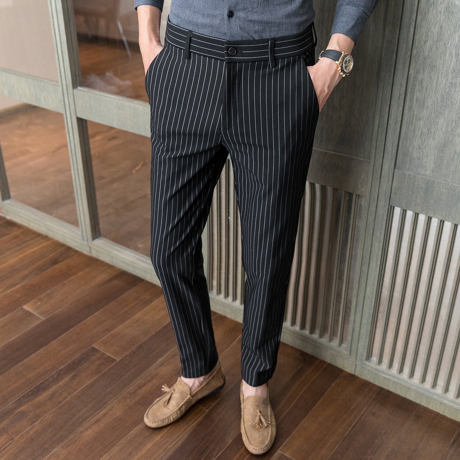 Herr Kostymbyxor Slim Passform Raka Ben Randiga Midja