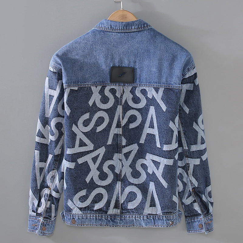 Herr Höstjacka Tvättad Denim med Sömmar och Lös Passform