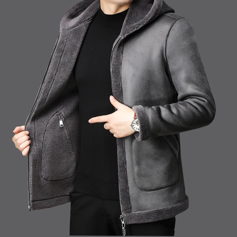 Herr Vinter Fleece Kappa med Huva Dubbelsidig och Dragkedja eller Knäppning