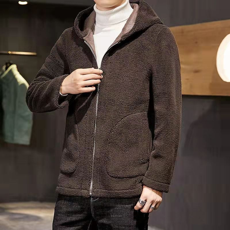 Herr Vinter Fleece Kappa med Huva Dubbelsidig och Dragkedja eller Knäppning